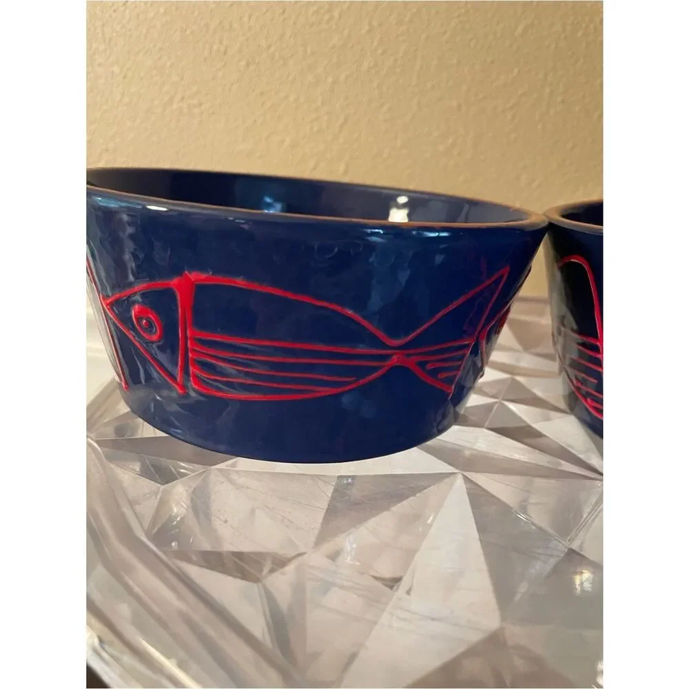 Crate & Barrel Shore Dark Navy Red Fish Bowls lot of 2